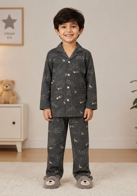 Grey Printed Cotton Night Suit For Boys
