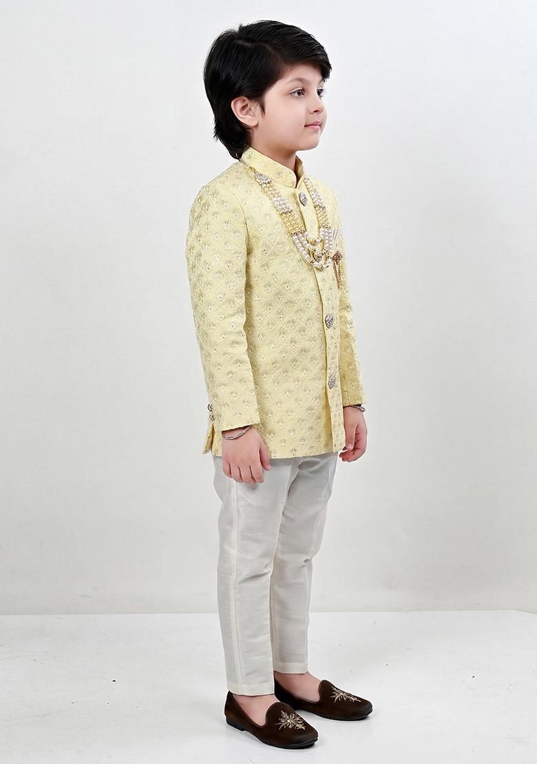 Yellow Jacquard Jacquard Sherwani For Boys - Indya