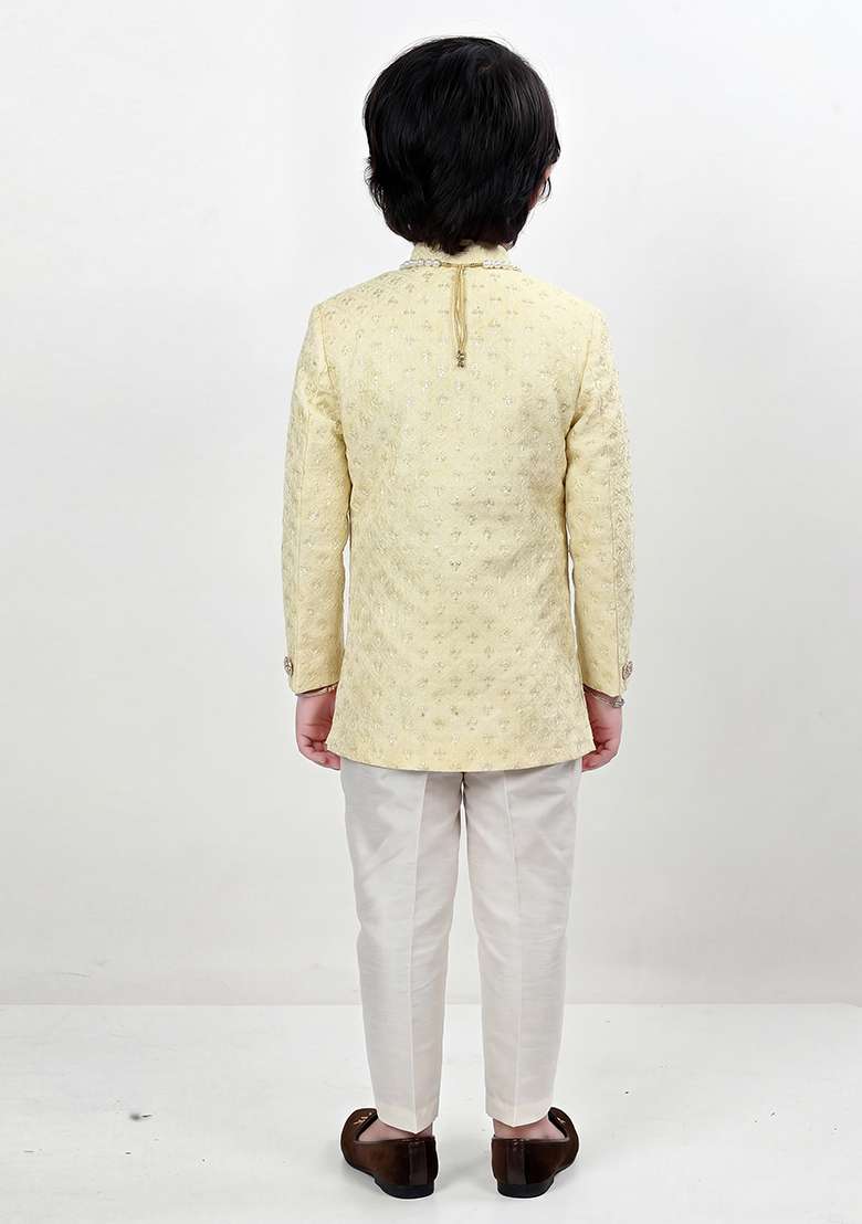 Yellow Jacquard Jacquard Sherwani For Boys - Indya