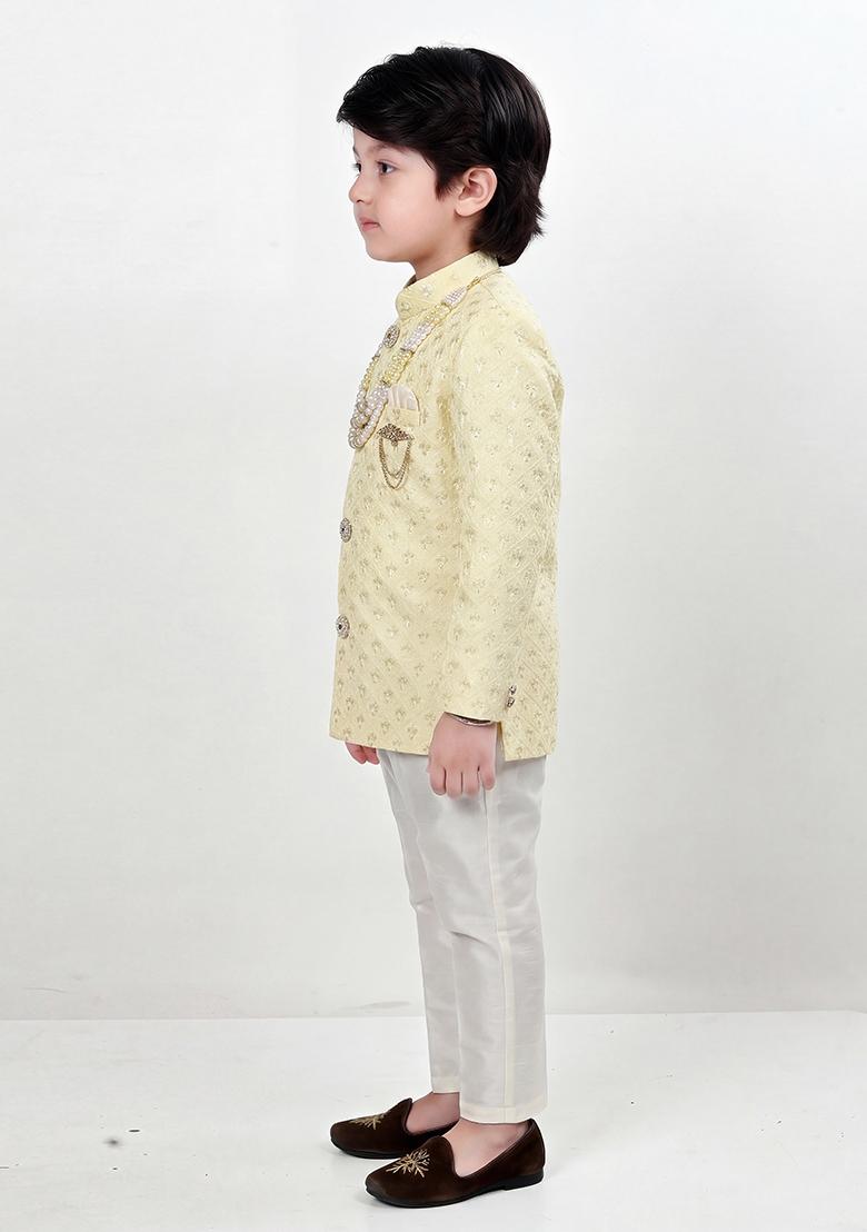 Yellow Jacquard Jacquard Sherwani For Boys - Indya