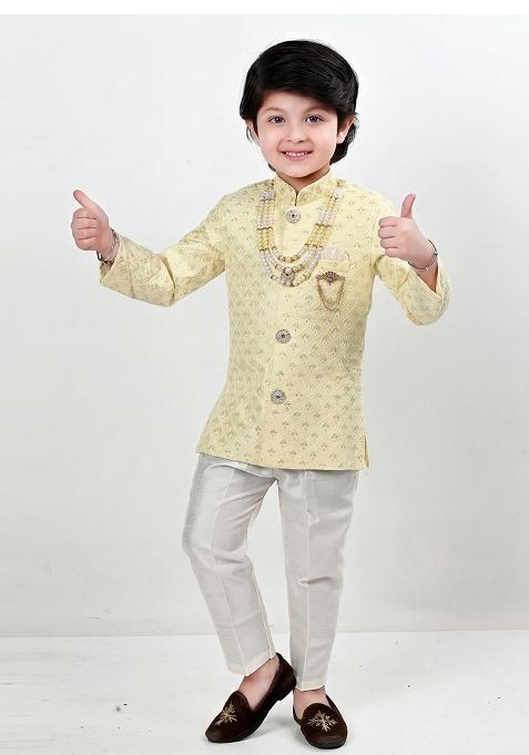 Yellow Jacquard Jacquard Sherwani For Boys — view on Indya