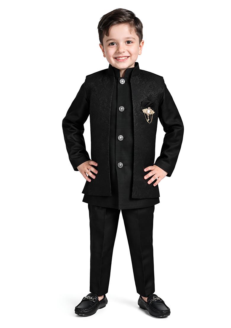 Black Jacquard Jacquard Sherwani For Boys - Indya