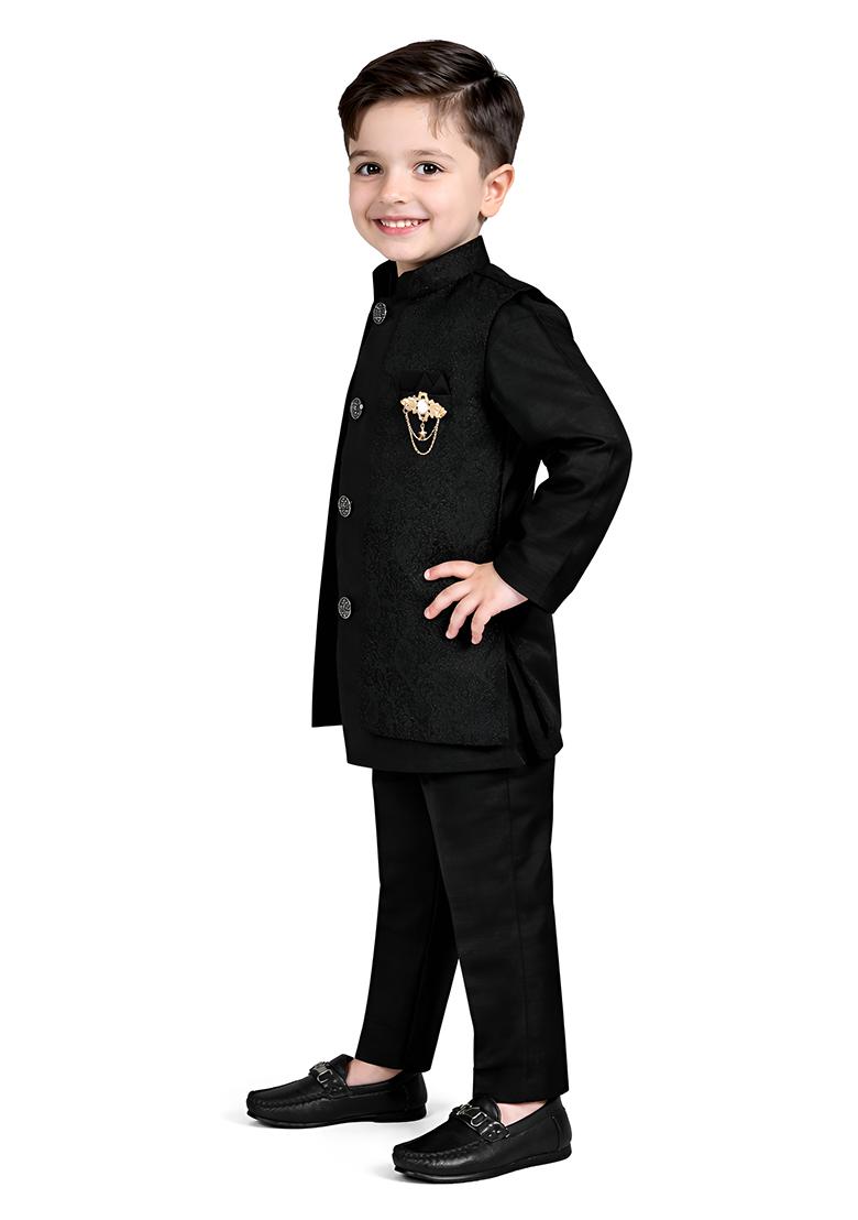 Black Jacquard Jacquard Sherwani For Boys - Indya