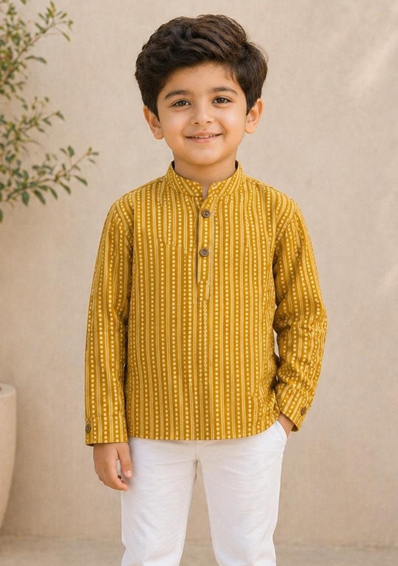 Mustard Stripes Cotton Kurta For Boys - Indya