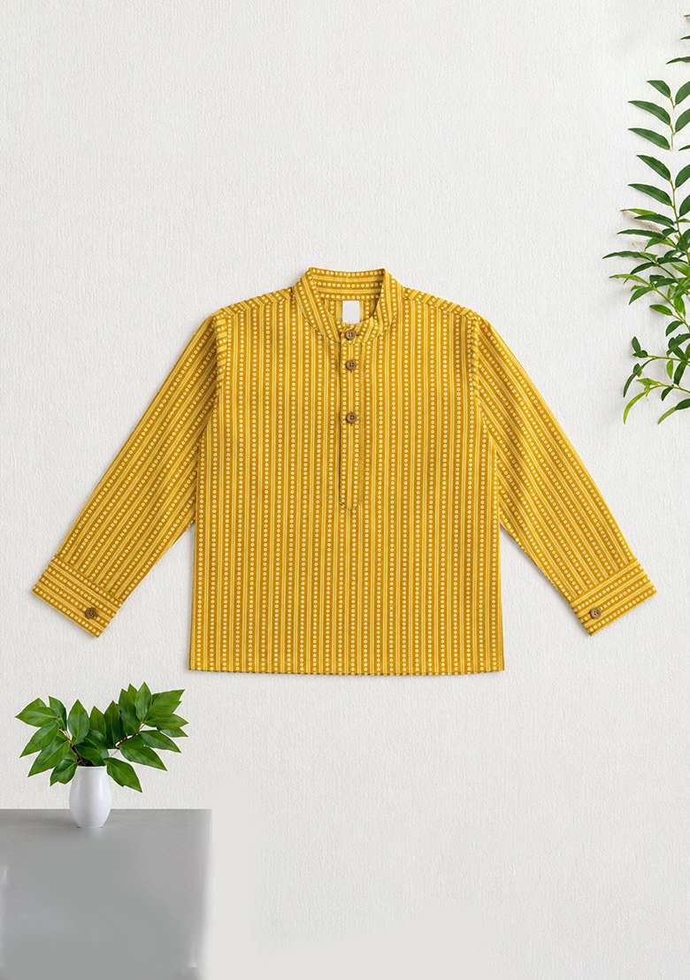 Mustard Stripes Cotton Kurta For Boys - Indya