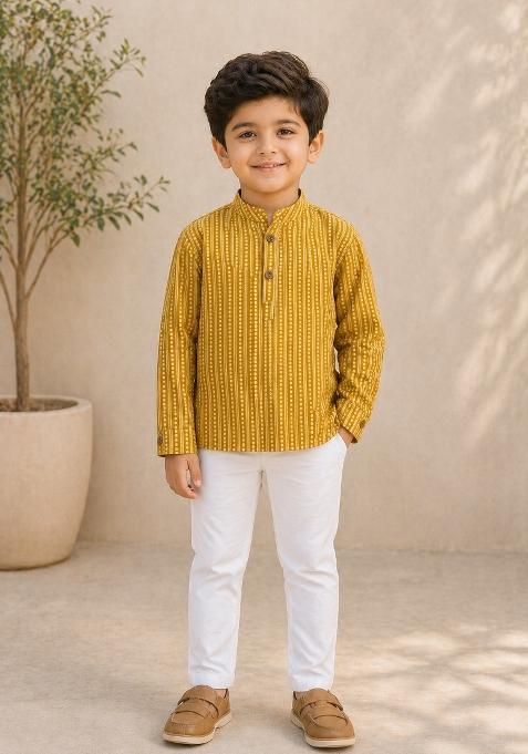 Mustard Stripes Cotton Kurta For Boys
