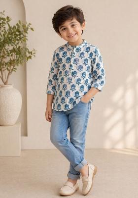 White Floral Print Cotton Kurta For Boys