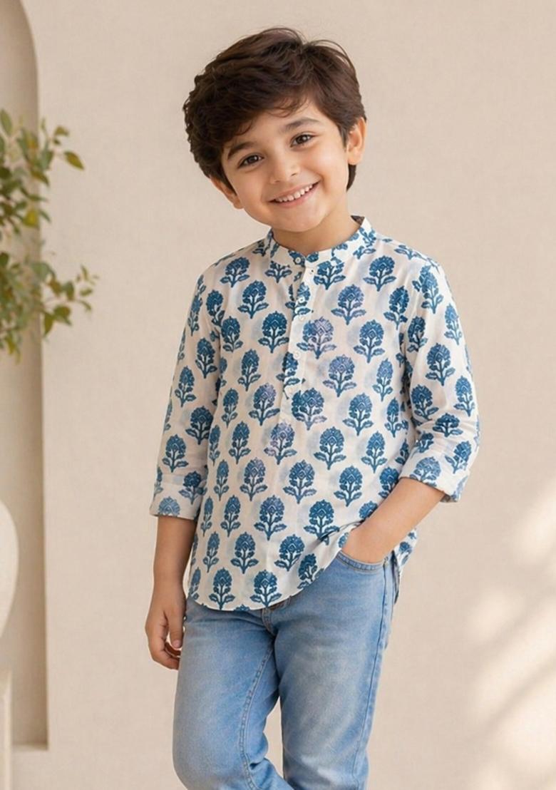 White Floral Print Cotton Kurta For Boys - Indya