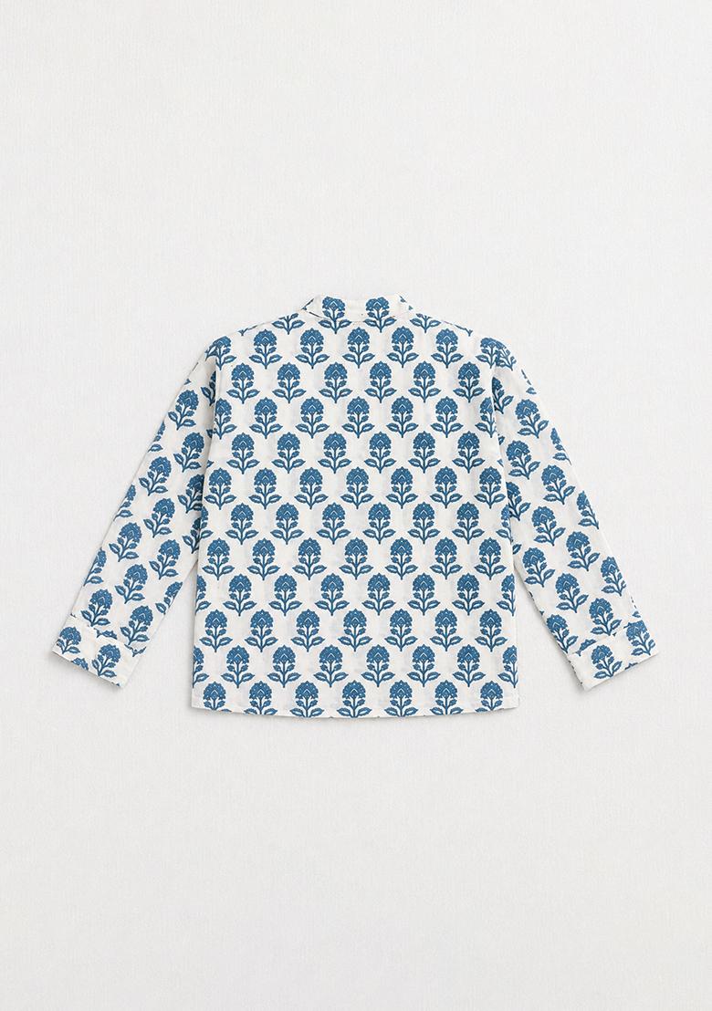 White Floral Print Cotton Kurta For Boys - Indya