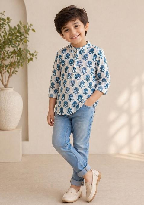 White Floral Print Cotton Kurta For Boys