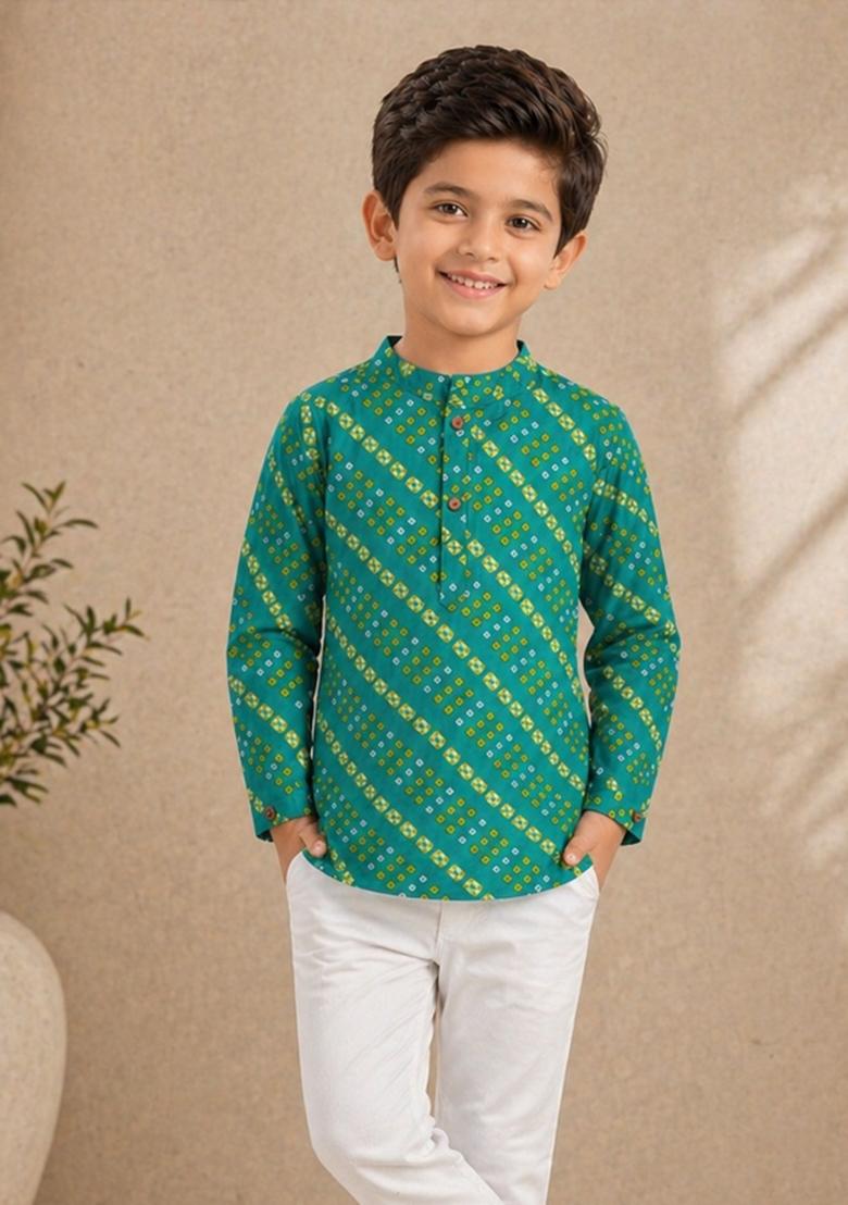 Turquoise Printed Cotton Kurta For Boys - Indya