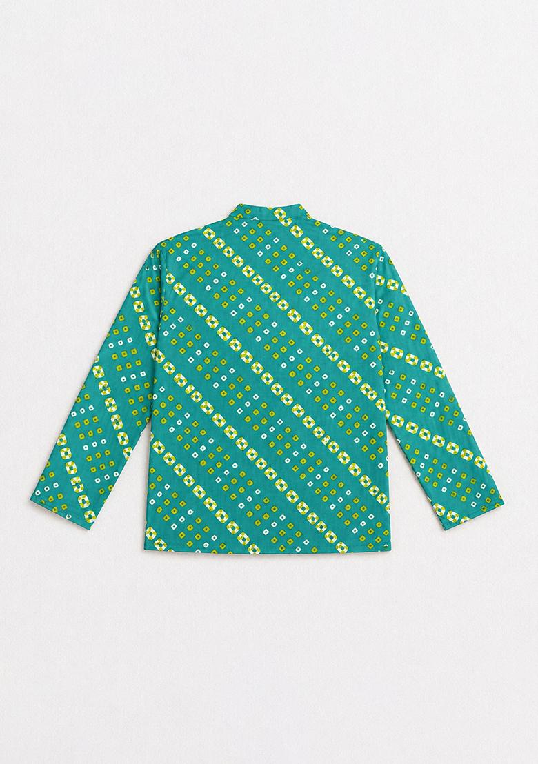 Turquoise Printed Cotton Kurta For Boys - Indya