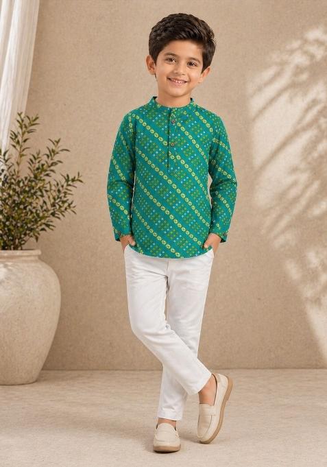 Turquoise Printed Cotton Kurta For Boys