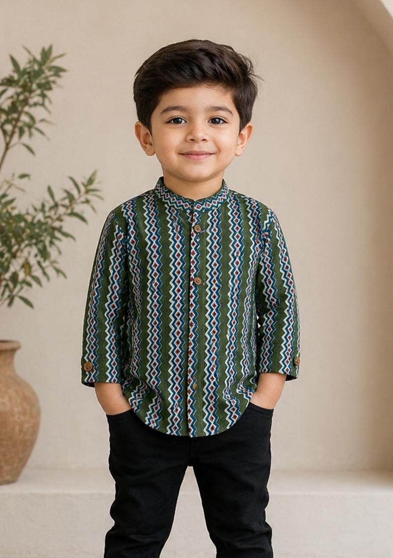 Olive Green Printed Cotton Kurta For Boys - Indya