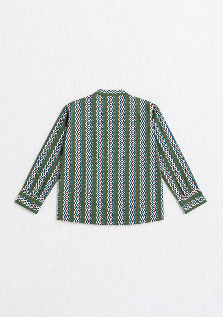 Olive Green Printed Cotton Kurta For Boys - Indya