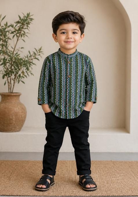 Olive Green Printed Cotton Kurta For Boys