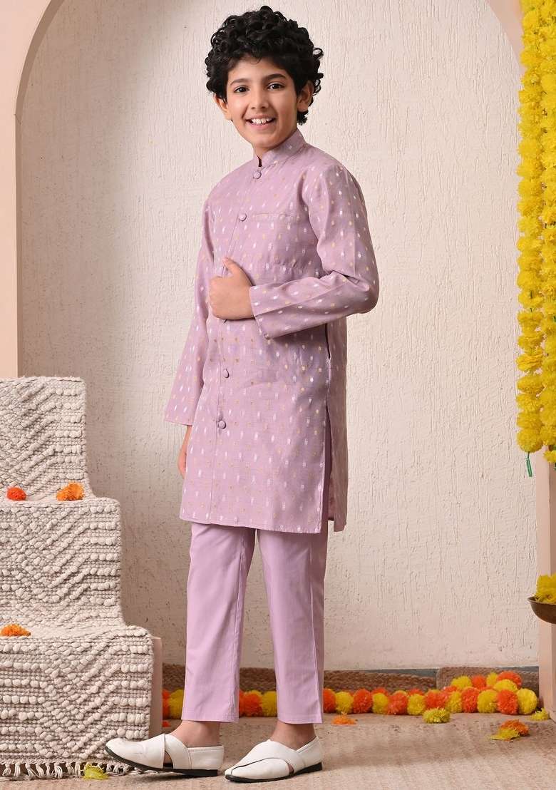 Lavender Ethnic Motifs Chanderi Kurta Set For Boys - Indya
