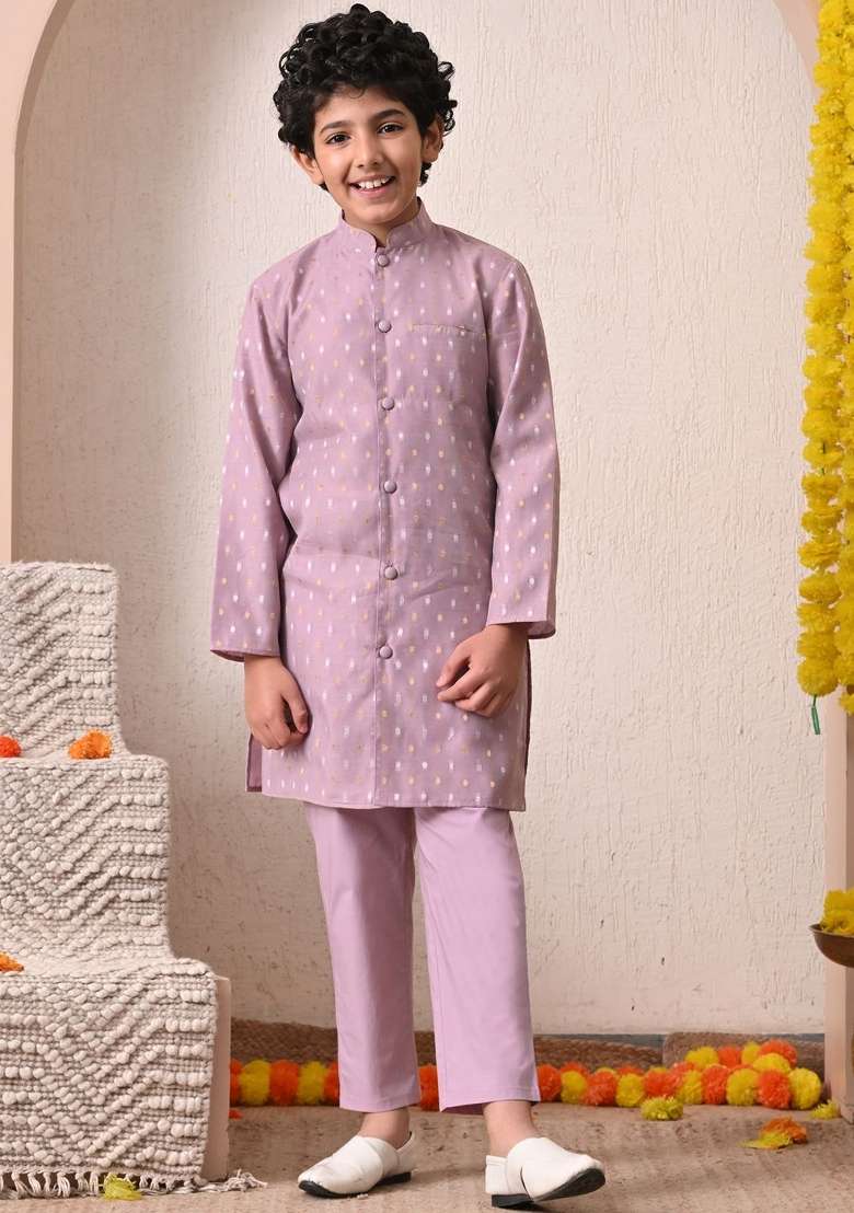 Lavender Ethnic Motifs Chanderi Kurta Set For Boys - Indya
