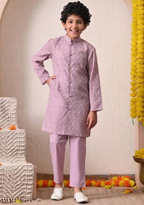 Lavender Ethnic Motifs Chanderi Kurta Set For Boys