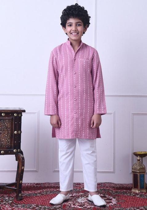Pink Striped Cotton Kurta Set For Boys