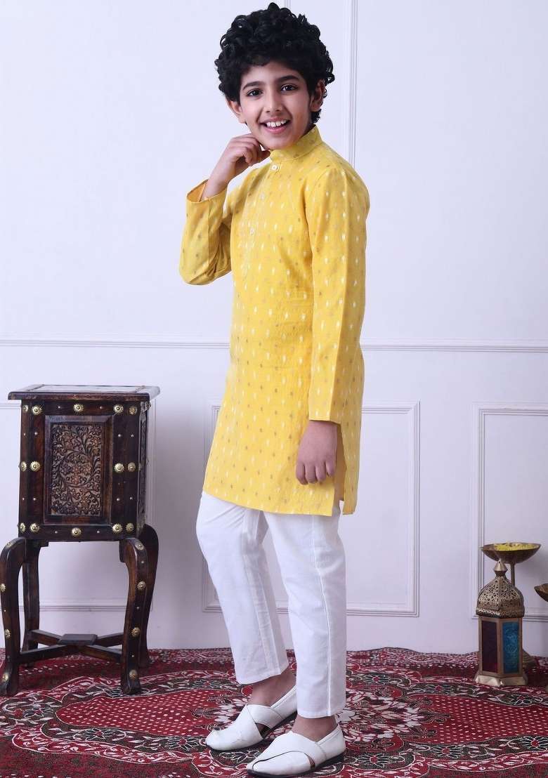 Yellow Ethnic Motifs Chanderi Kurta Set For Boys - Indya