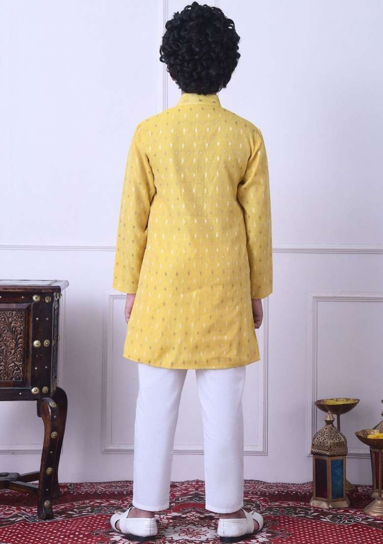 Yellow Ethnic Motifs Chanderi Kurta Set For Boys - Indya