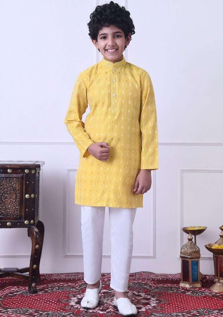 Yellow Ethnic Motifs Chanderi Kurta Set For Boys - Indya