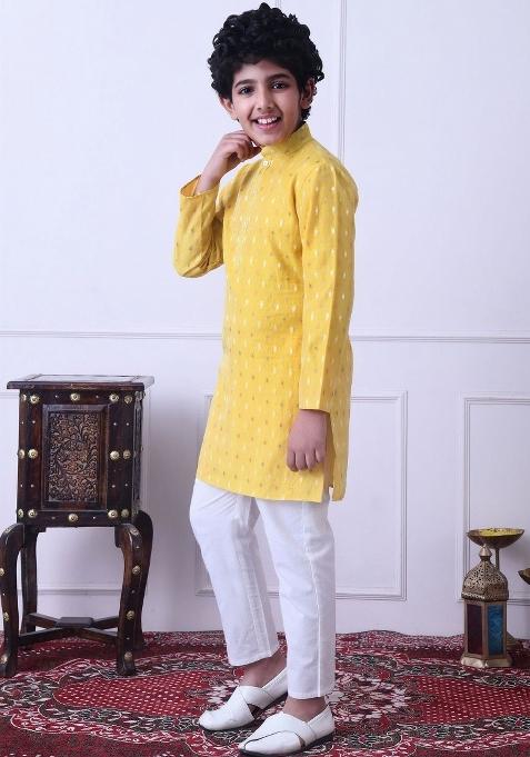 Yellow Ethnic Motifs Chanderi Kurta Set For Boys
