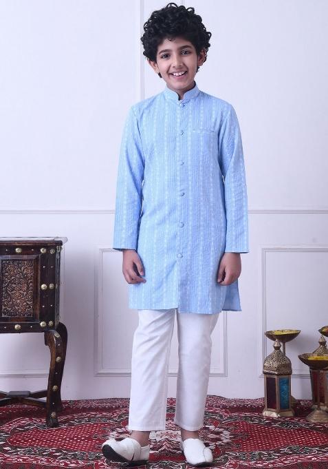 Blue Striped Cotton Kurta Set For Boys