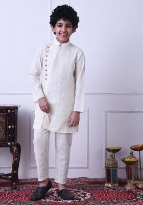 Off White Ethnic Motifs Cotton Kurta Set For Boys