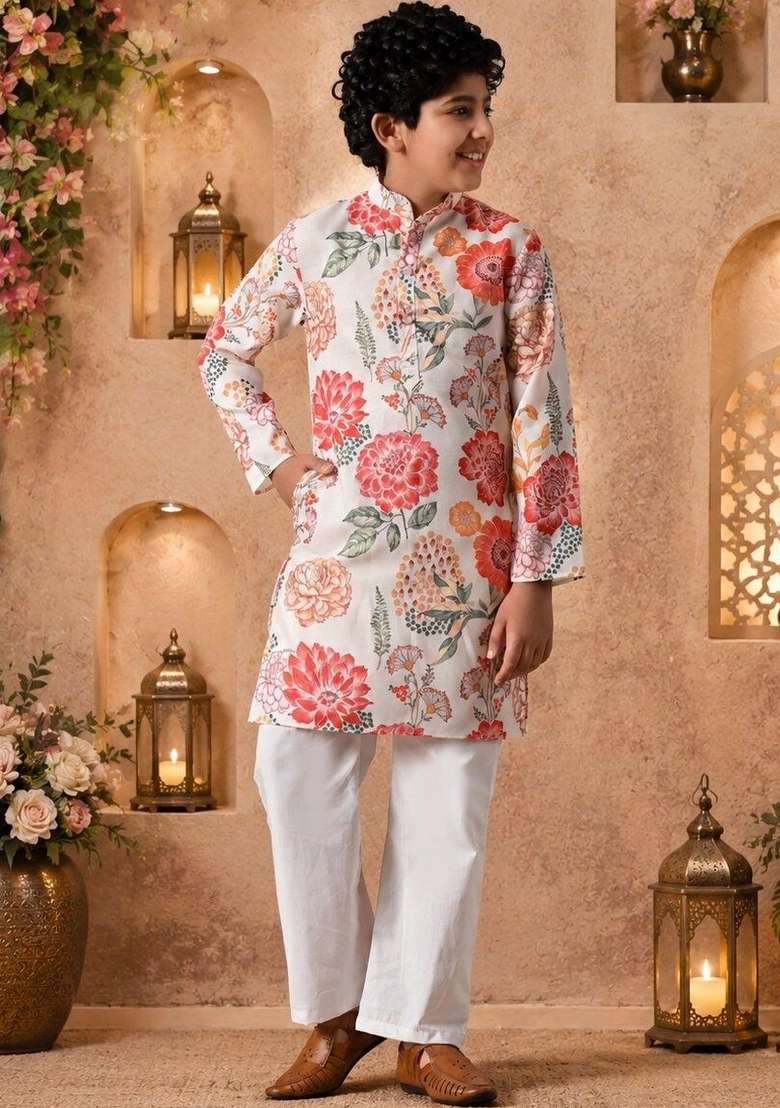 Off White Floral Cotton Kurta Set For Boys - Indya