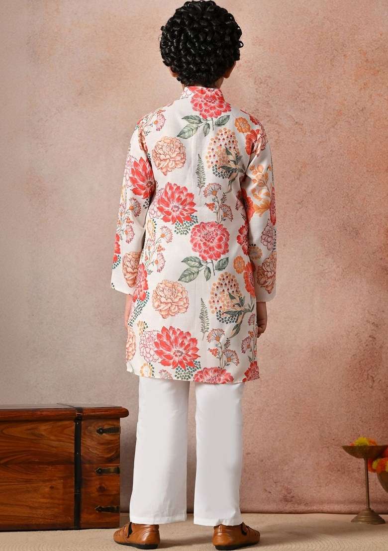 Off White Floral Cotton Kurta Set For Boys - Indya
