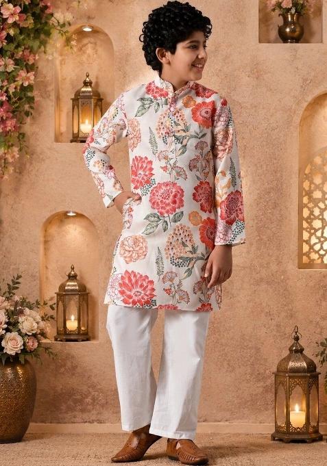 Off White Floral Cotton Kurta Set For Boys