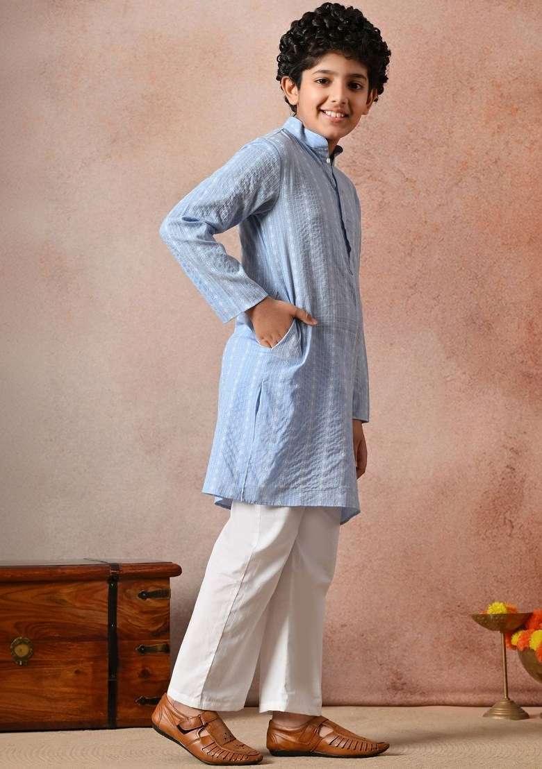 Blue Striped Cotton Kurta Set For Boys - Indya