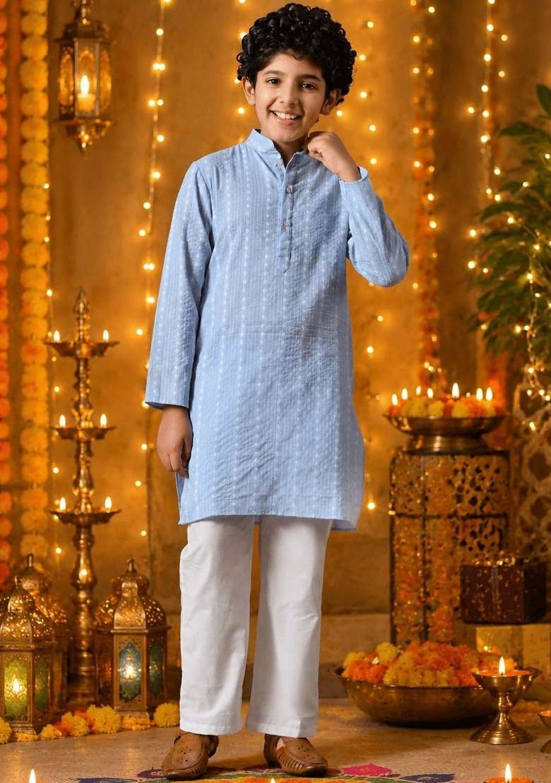 Blue Striped Cotton Kurta Set For Boys - Indya