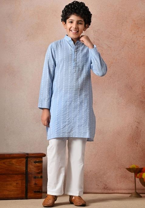 Blue Striped Cotton Kurta Set For Boys