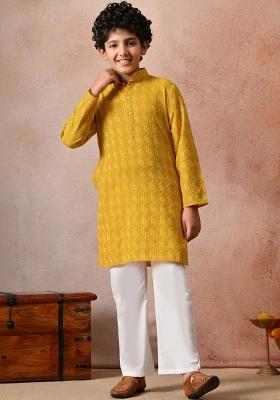 Yellow Ethnic Motifs Cotton Kurta Set For Boys