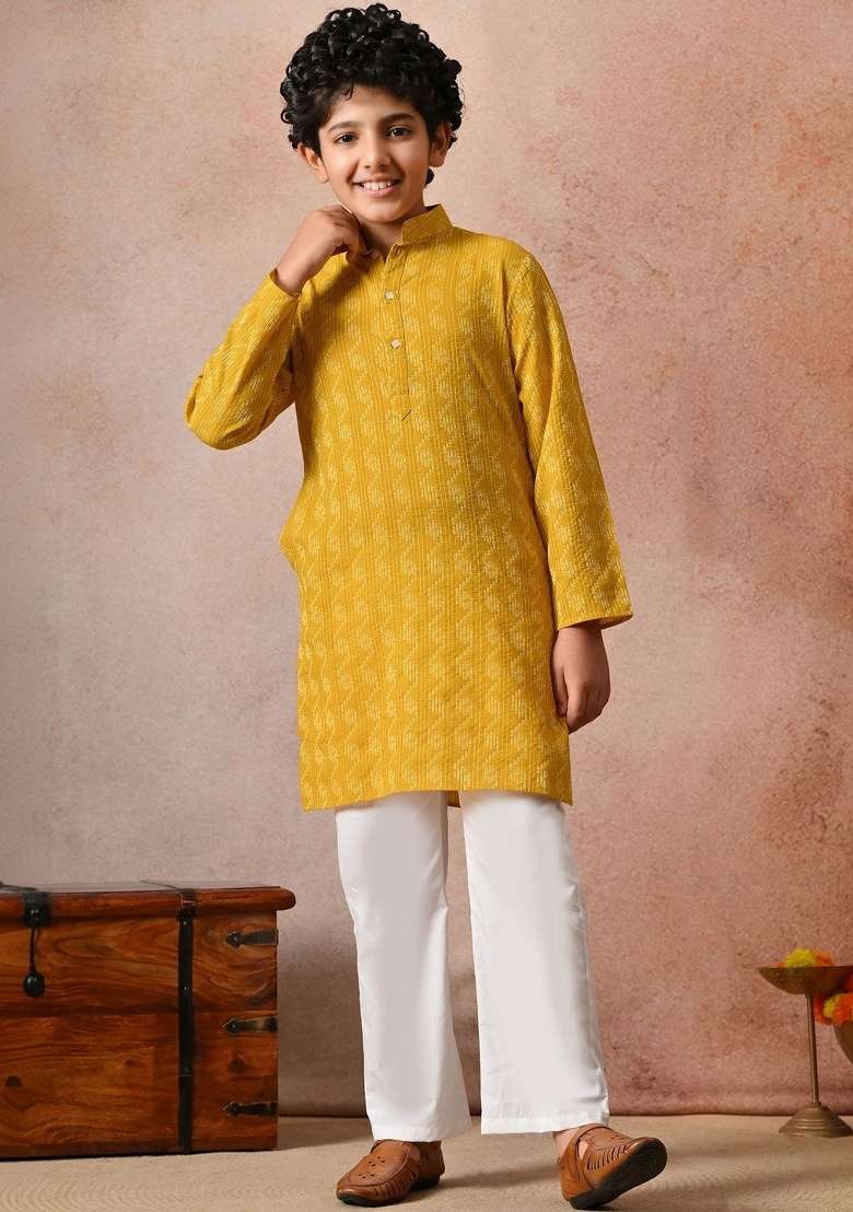 Yellow Ethnic Motifs Cotton Kurta Set For Boys - Indya