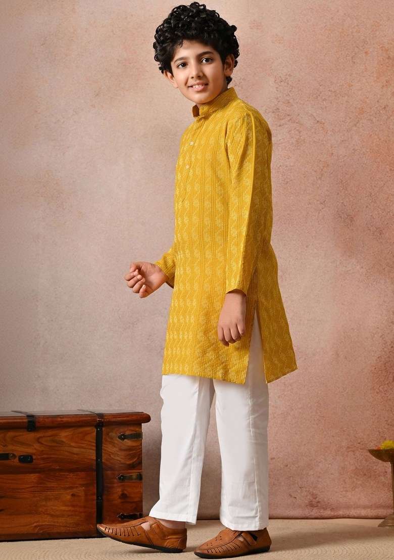 Yellow Ethnic Motifs Cotton Kurta Set For Boys - Indya