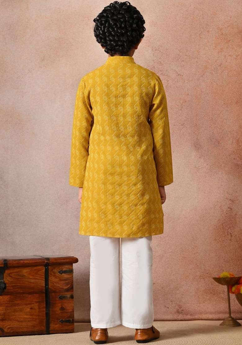 Yellow Ethnic Motifs Cotton Kurta Set For Boys - Indya