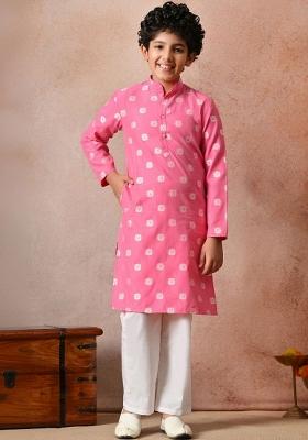 Pink Ethnic Motifs Cotton Kurta Set For Boys
