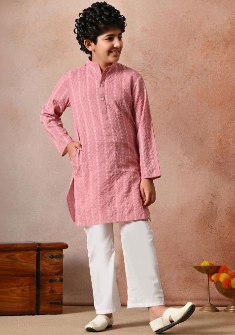 Pink Striped Cotton Kurta Set For Boys