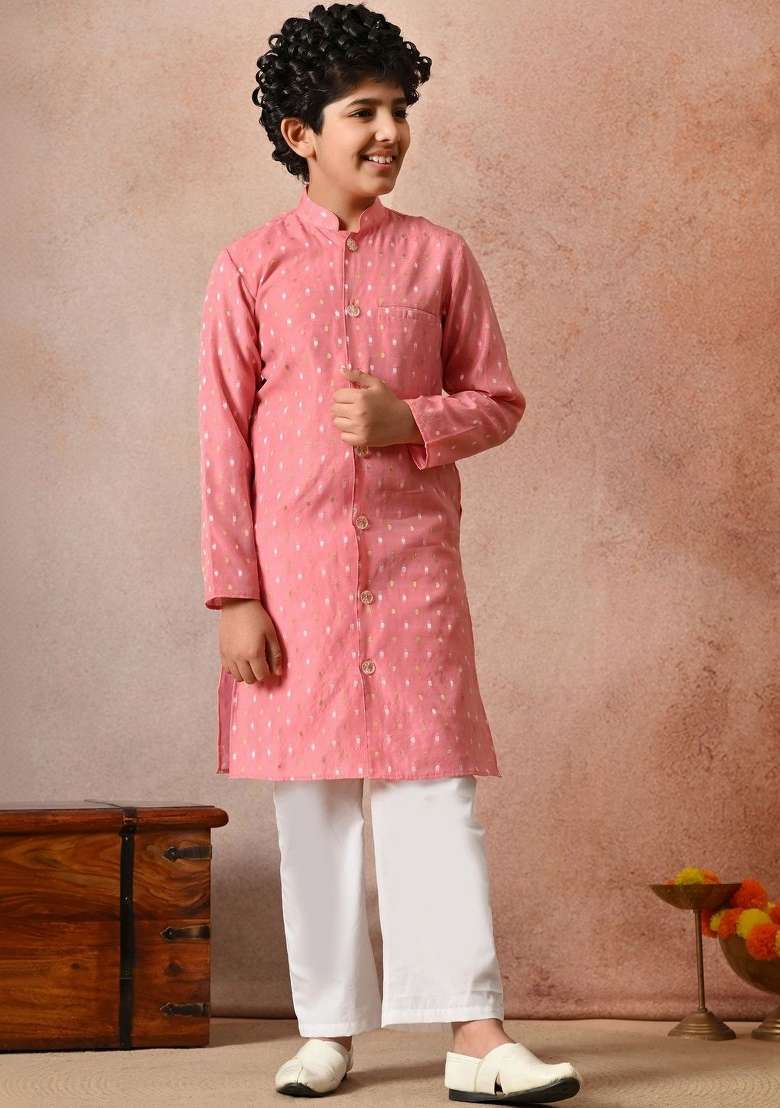 Pink Ethnic Motifs Silk Kurta Set For Boys - Indya