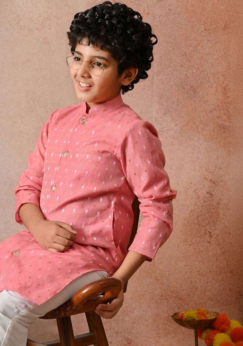 Pink Ethnic Motifs Silk Kurta Set For Boys - Indya