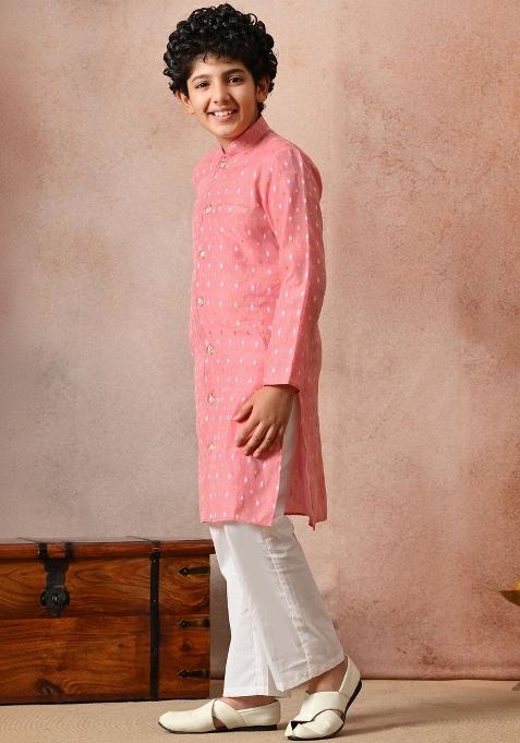 Pink Ethnic Motifs Silk Kurta Set For Boys