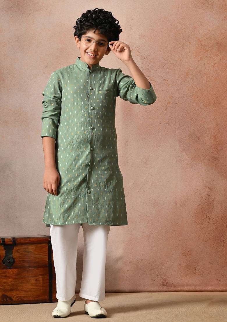 Green Ethnic Motifs Silk Kurta Set For Boys - Indya