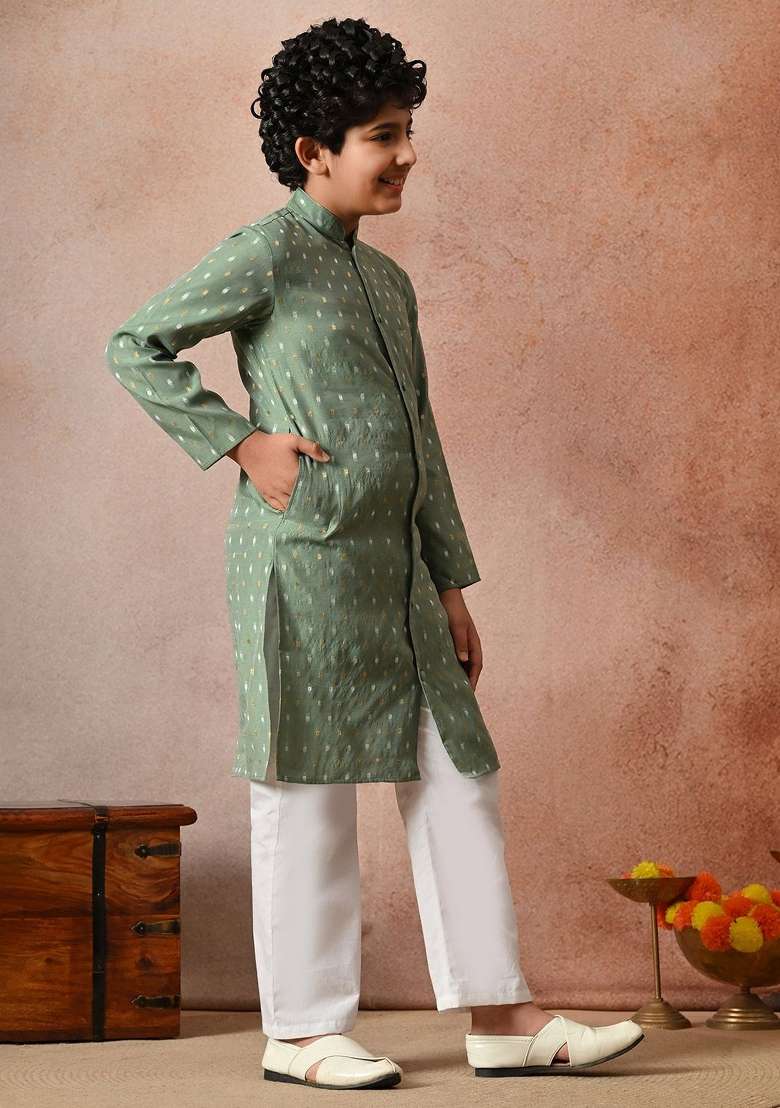 Green Ethnic Motifs Silk Kurta Set For Boys - Indya