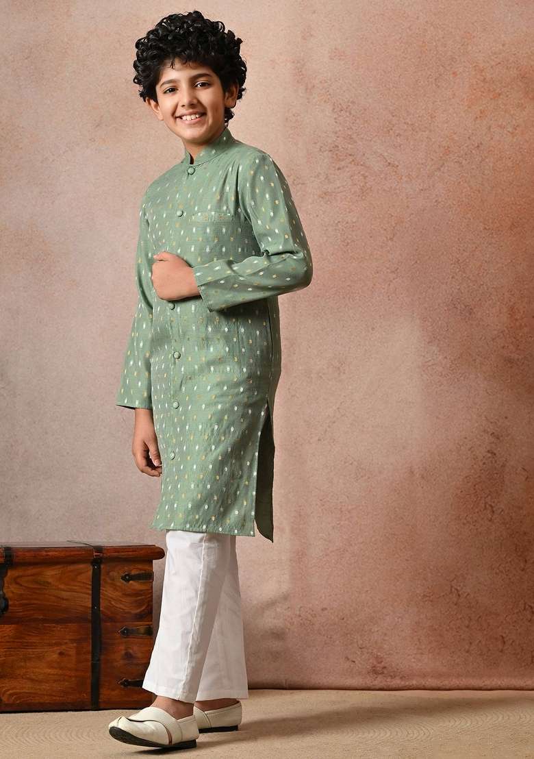 Green Ethnic Motifs Silk Kurta Set For Boys - Indya
