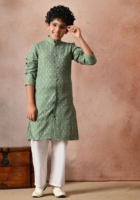 Green Ethnic Motifs Silk Kurta Set For Boys