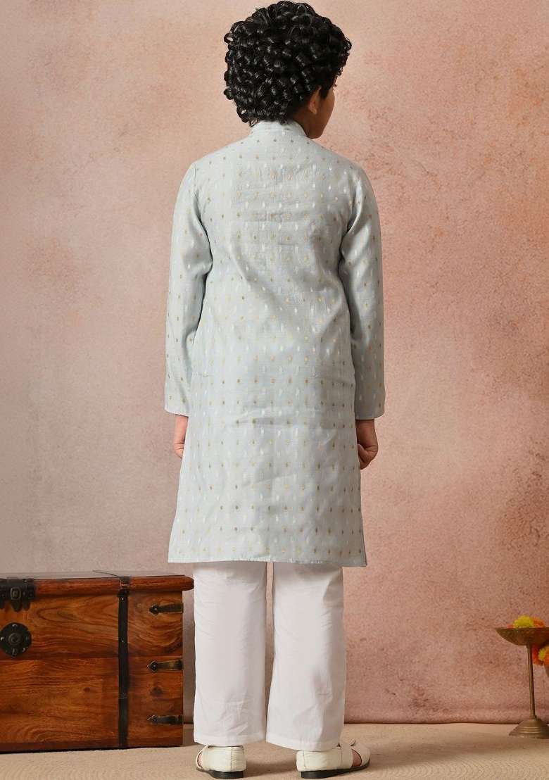 Light Blue Woven Design Silk Kurta Set For Boys - Indya